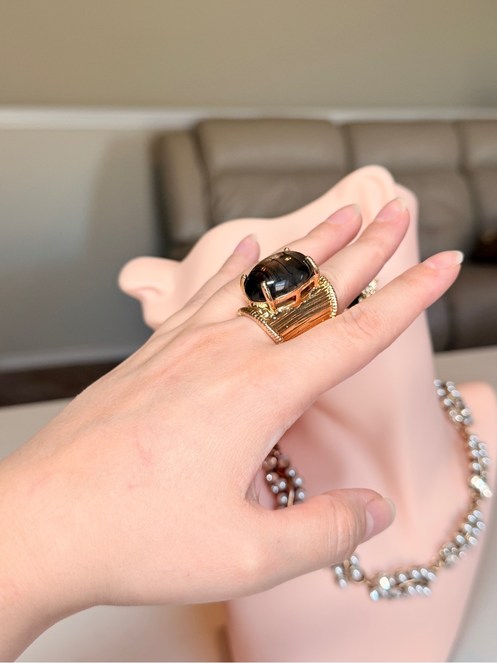 Gold Statement Ring with Smoky Quartz Accent - Picture 5 of 8